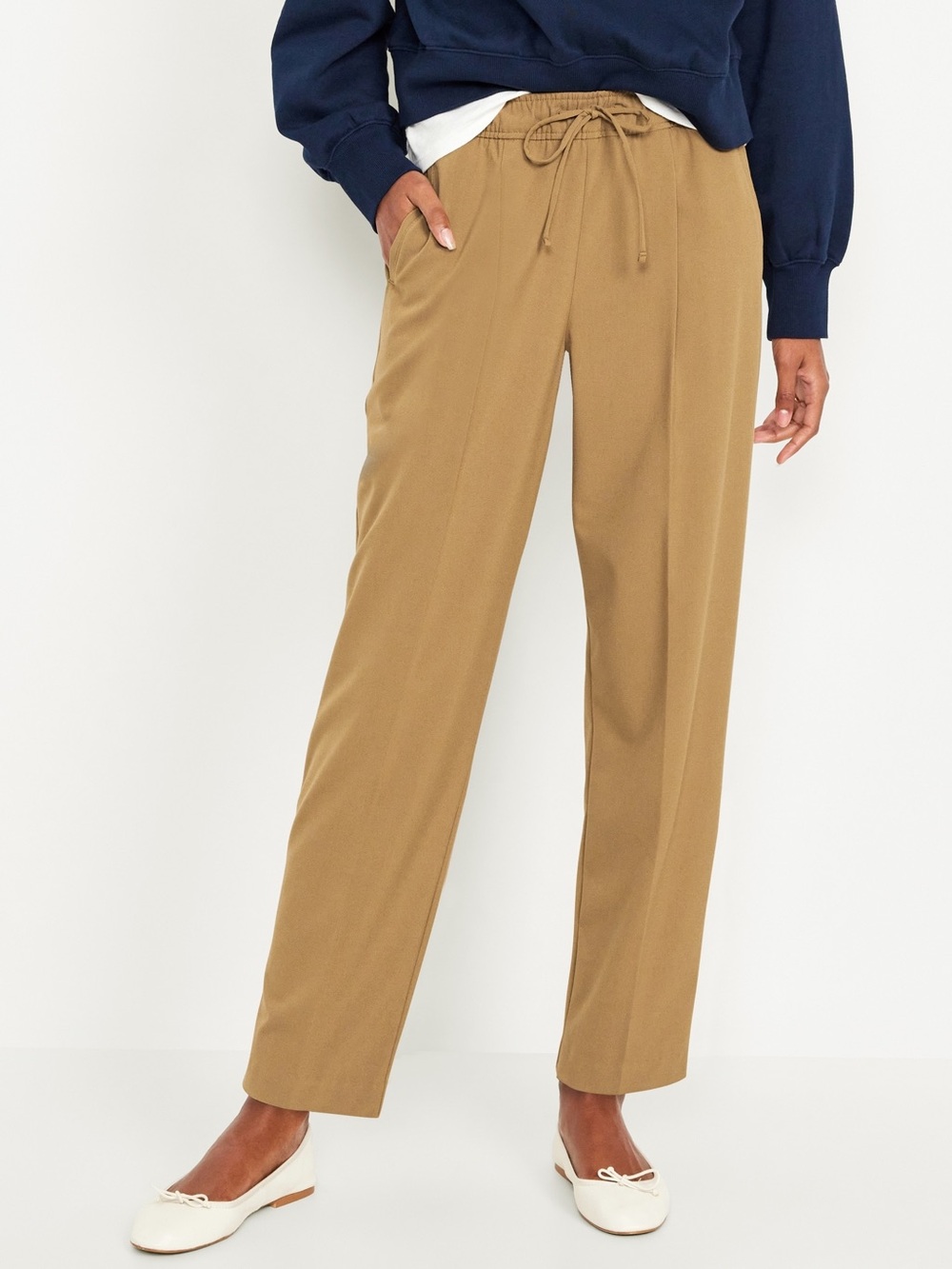 Billie Drawstring-Tie Straight Leg Womens Pants - Tan